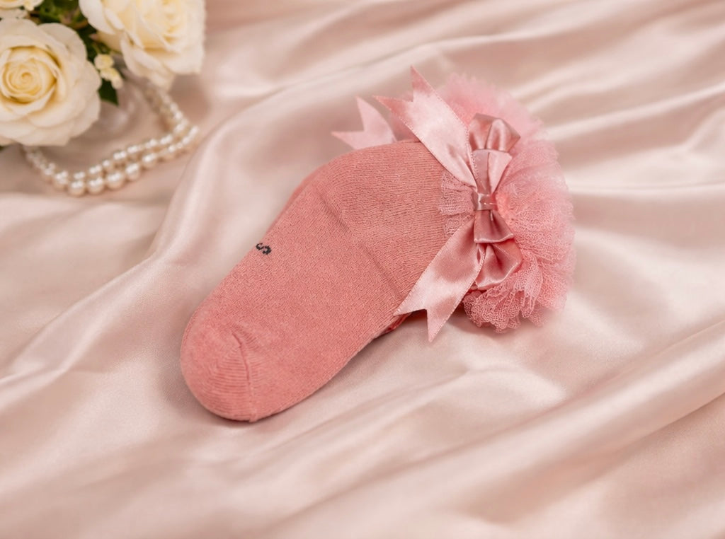 Dusty Rose Lace Bow Frill Socks