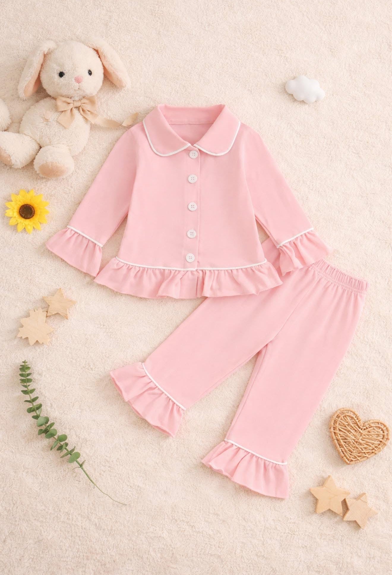 Luxury Pink Frill Button Pyjama Set