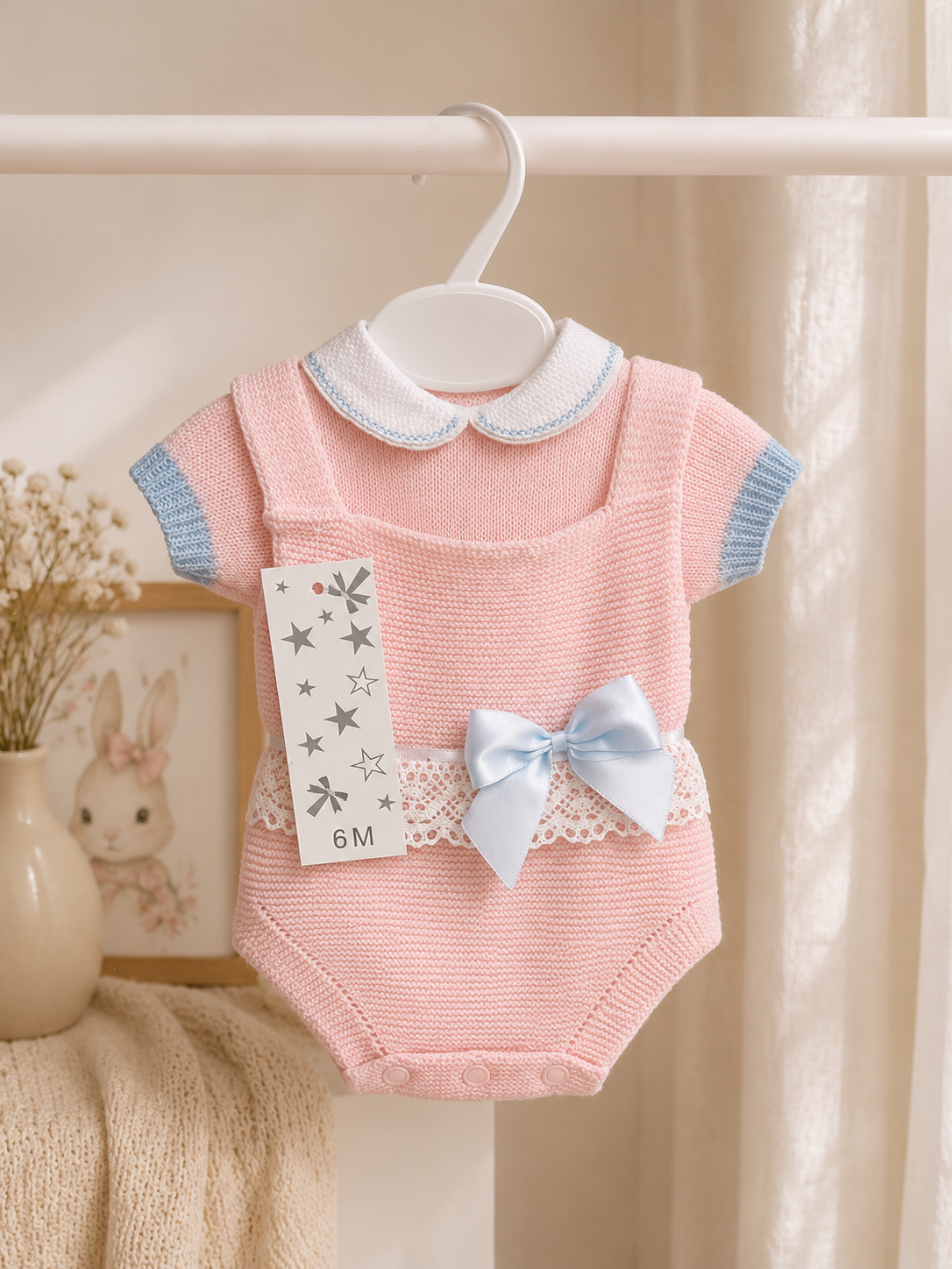 Pink & Blue Knitted Baby Romper Set with Bow