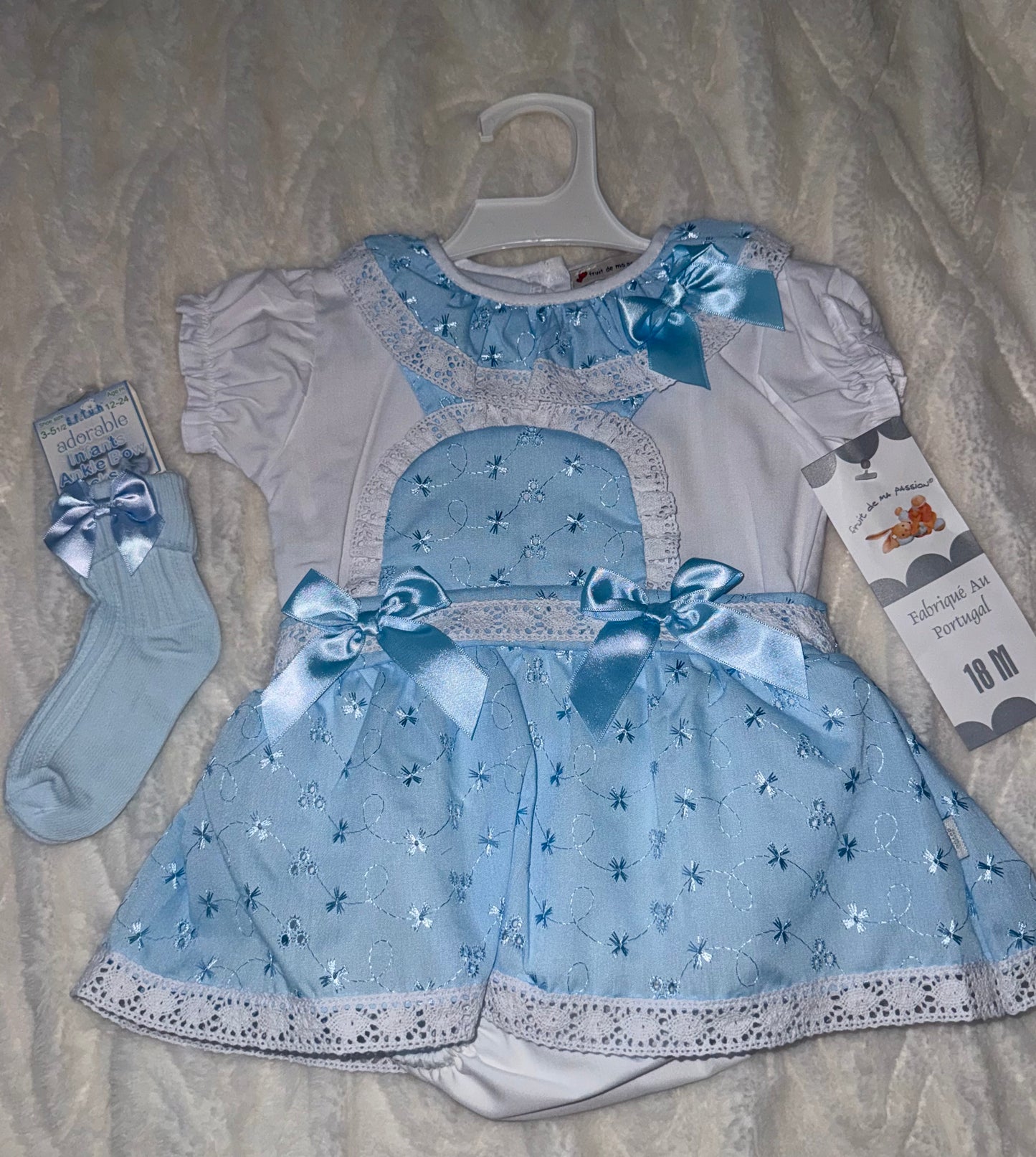 Baby Blue Lace Bow Dress Set with Matching Socks
