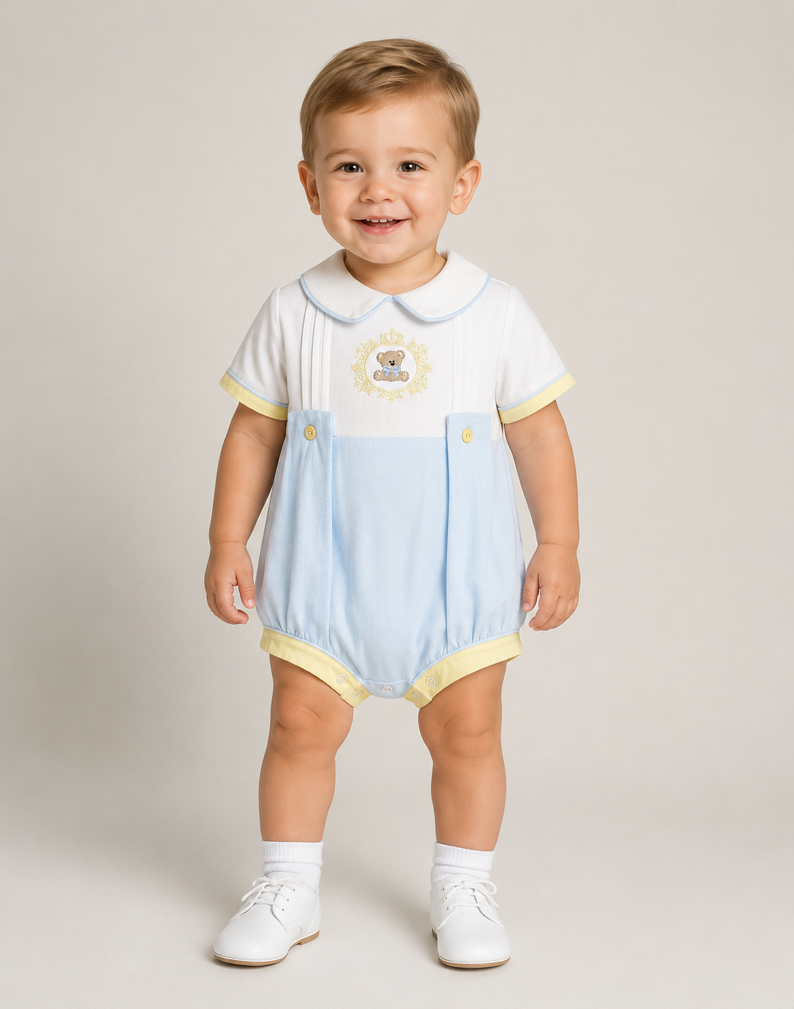 Blue & Lemon Teddy Embroidered Romper
