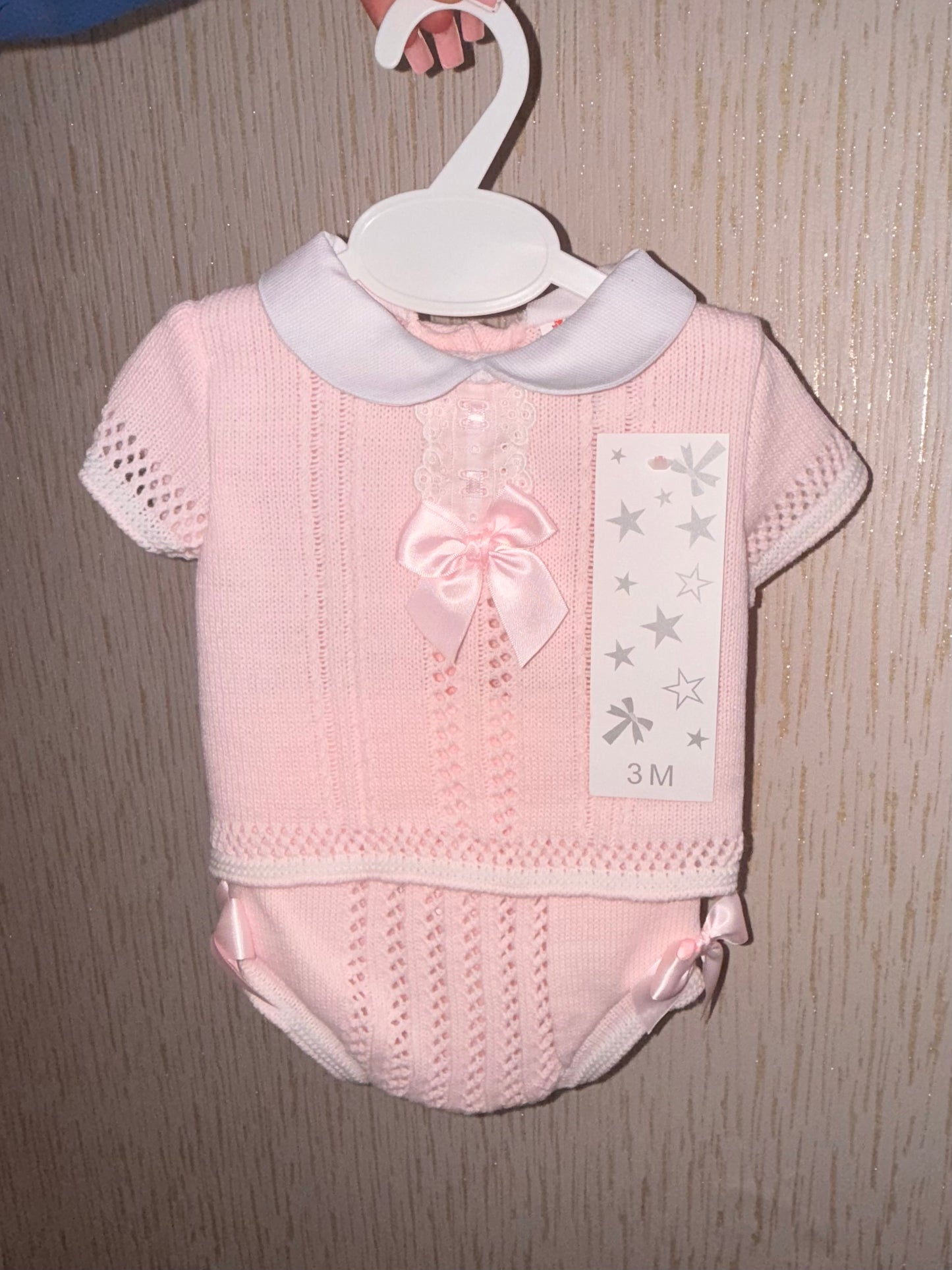 Pink Knitted Baby Two-Piece Set with Bow Detail