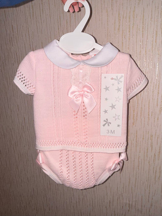 Pink Knitted Baby Two-Piece Set with Bow Detail