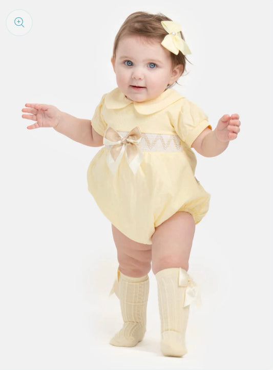 Lemon Bow Smocked Romper Set with Matching Socks