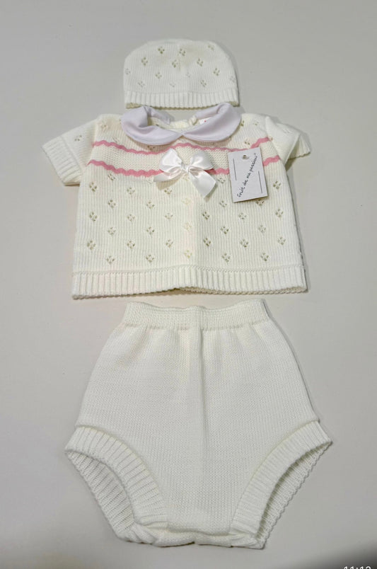 Cream & Pink Knitted 3 Piece Set