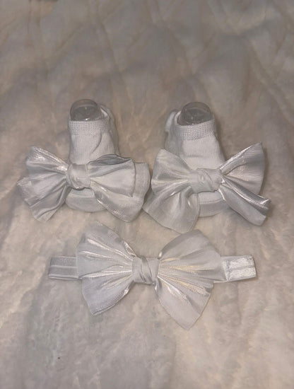 Luxury Pink Satin Bow Socks & Headband Set Newborn