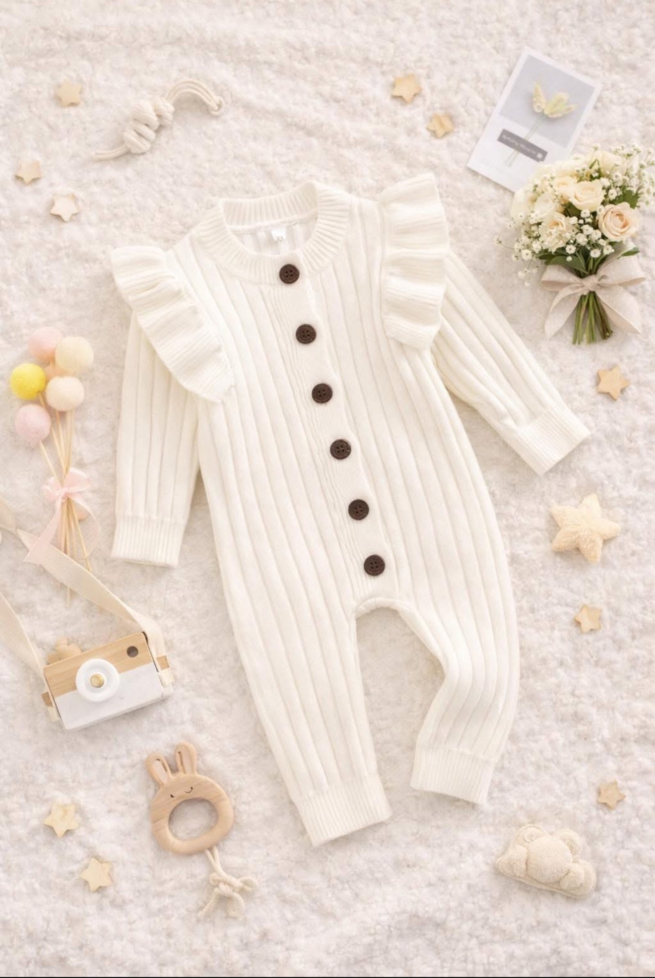 Luxury Cream Ribbed Frill Knitted Romper