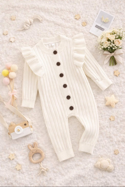 Luxury Cream Ribbed Frill Knitted Romper