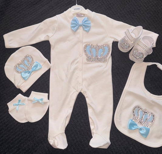 Luxury Baby Boy Crown 5-Piece Set – White & Baby Blue