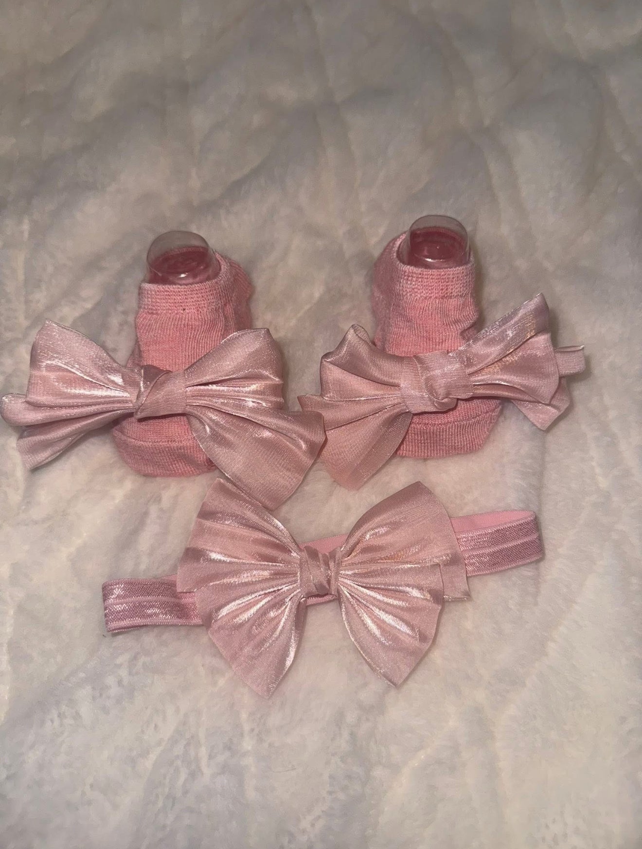 Luxury Pink Satin Bow Socks & Headband Set Newborn