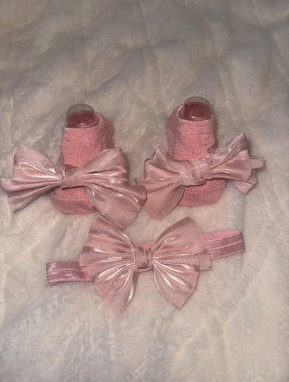Luxury Pink Satin Bow Socks & Headband Set Newborn