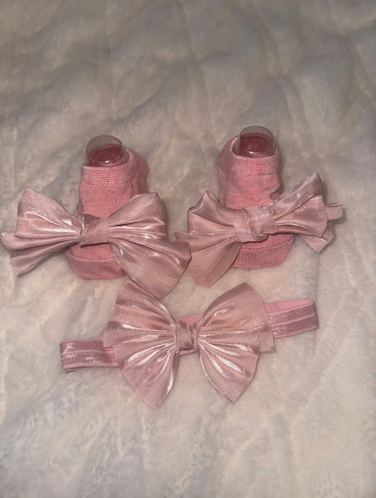 Luxury Pink Satin Bow Socks & Headband Set Newborn