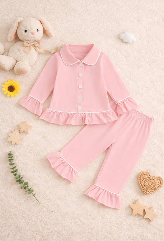 Luxury Pink Frill Button Pyjama Set