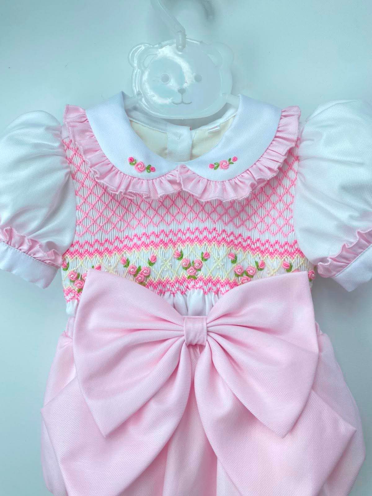 PRE ORDER|| Pink Rosalie Hand-Smocked Baby Romper with Bow