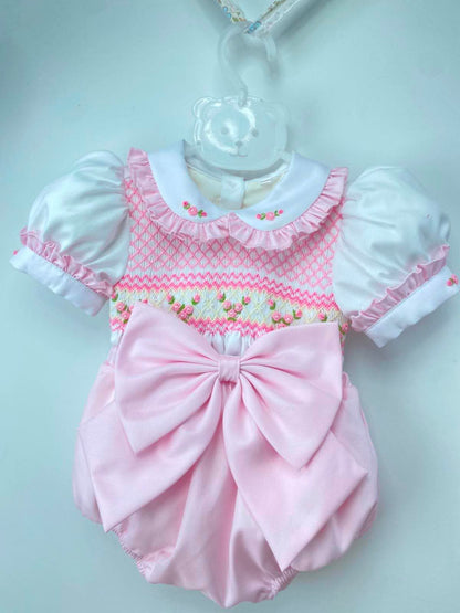 PRE ORDER|| Pink Rosalie Hand-Smocked Baby Romper with Bow
