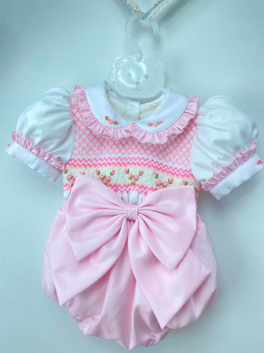 Pink Rosalie Hand-Smocked Baby Romper with Bow