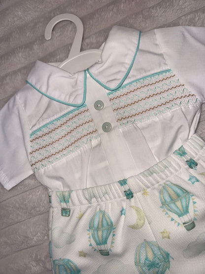 Mint Hot Air Balloon Smocked Shorts Set