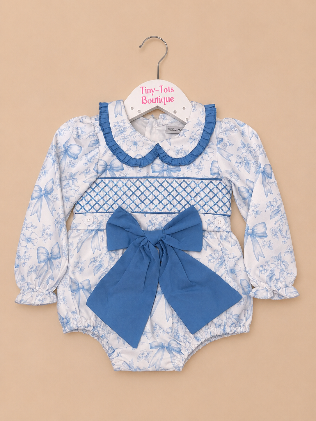 Blue Floral Smocked Romper with Bow