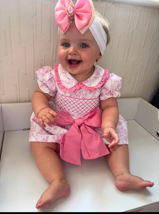 Pink Floral Smocked Bow Romper Dress