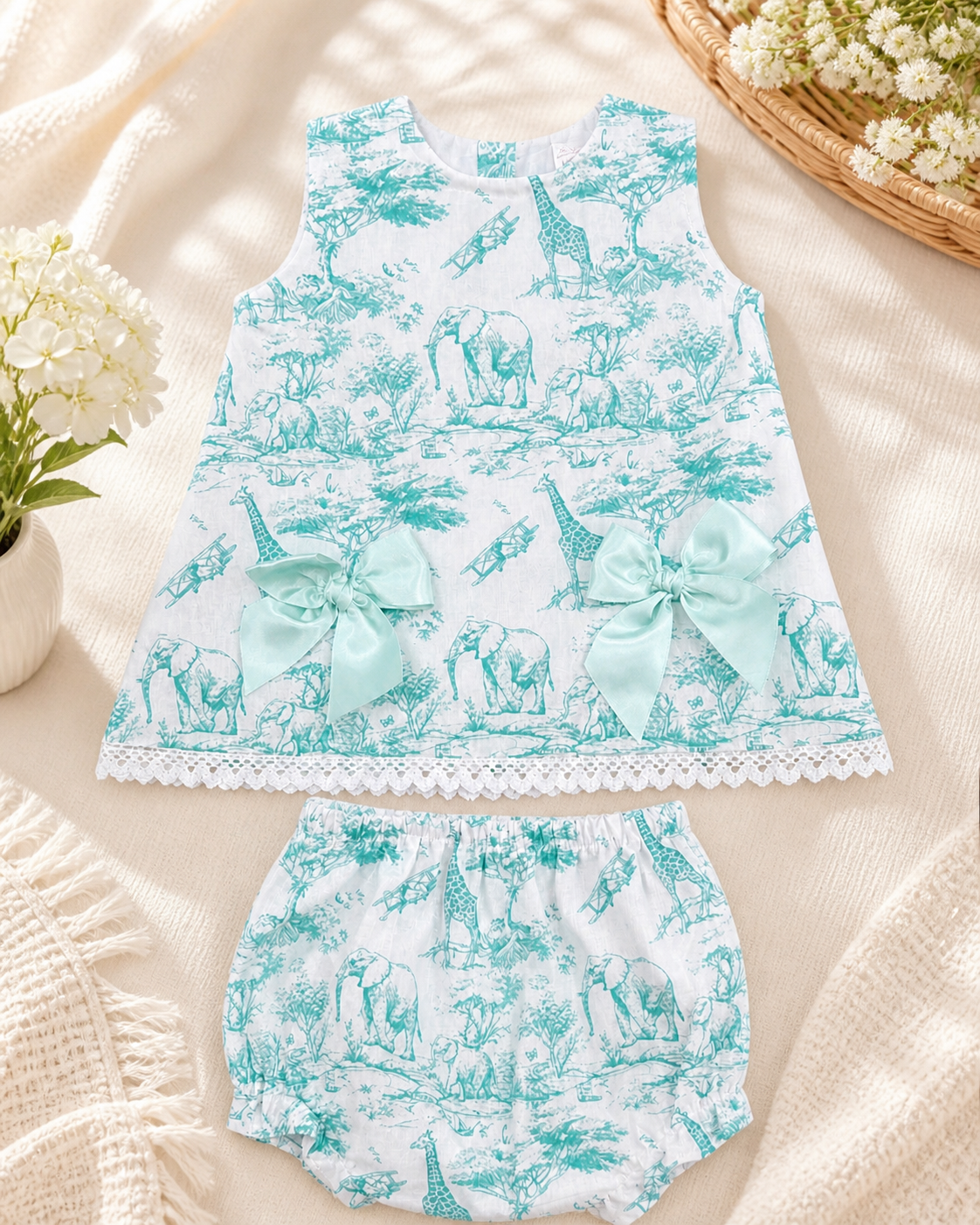 Mint Safari Print Baby Set – Bow Detail Top & Bloomers
