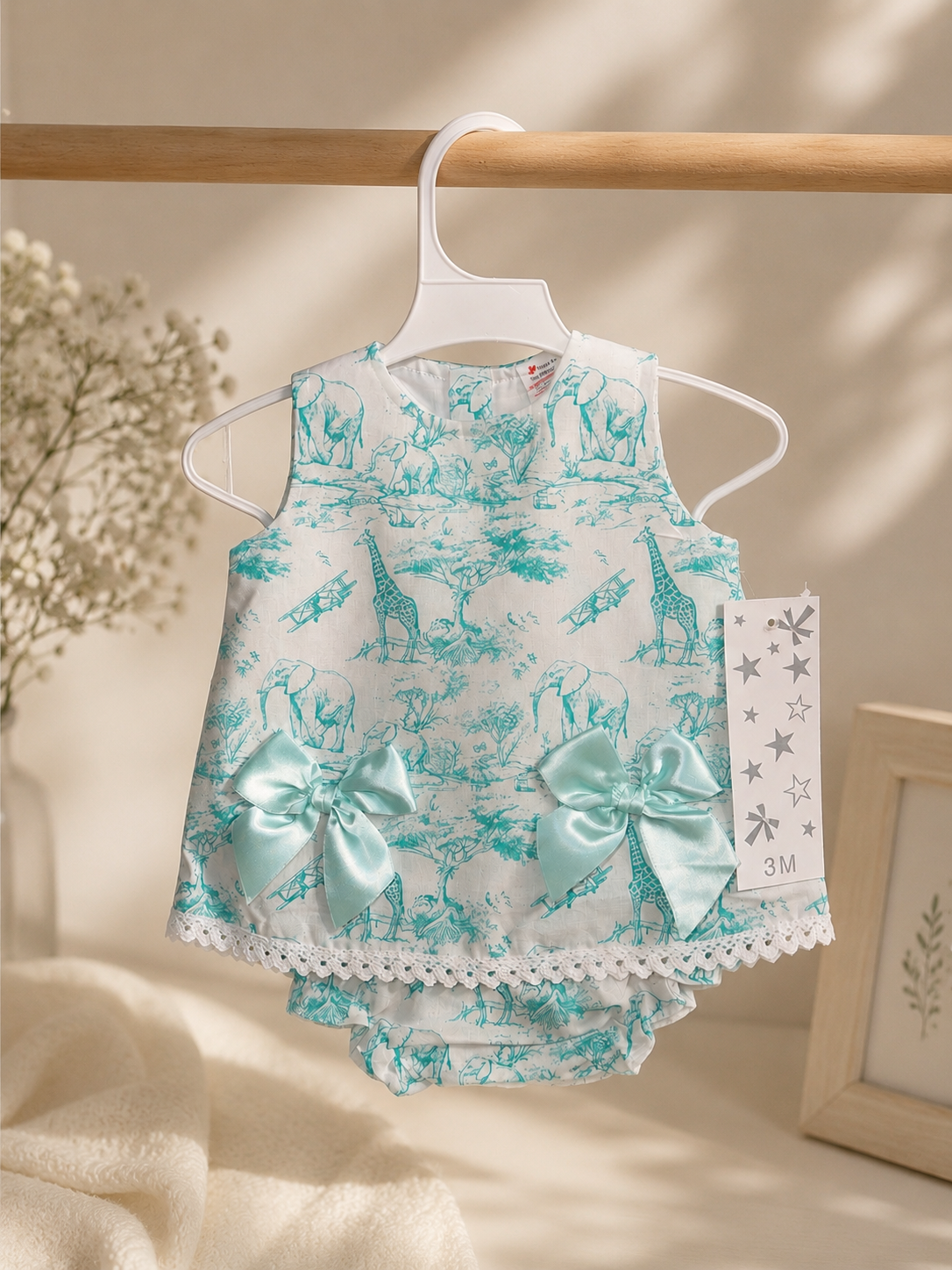 Mint Safari Print Baby Set – Bow Detail Top & Bloomers