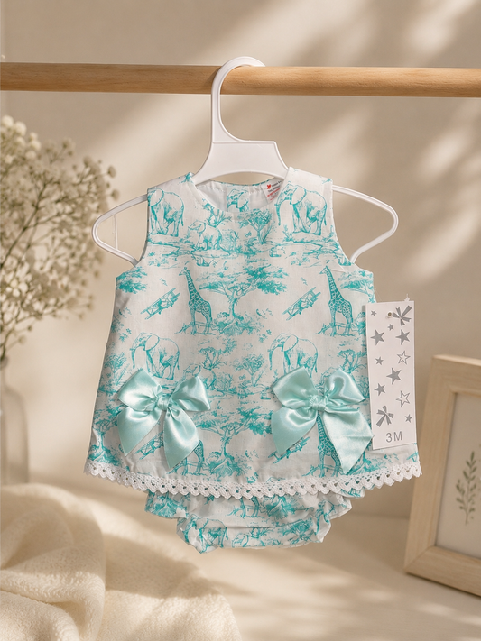 Mint Safari Print Baby Set – Bow Detail Top & Bloomers