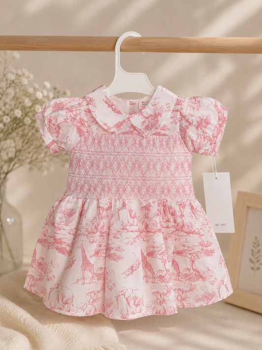Pink Safari Print Smocked Baby Dress