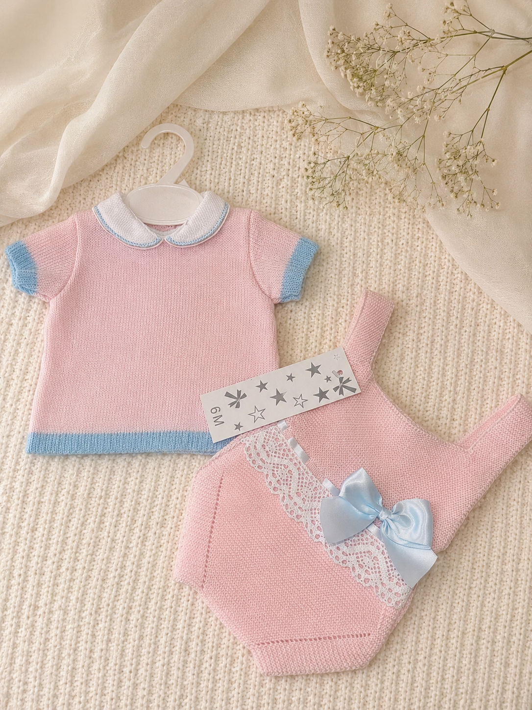 Pink & Blue Knitted Baby Romper Set with Bow