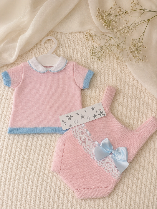 Pink & Blue Knitted Baby Romper Set with Bow