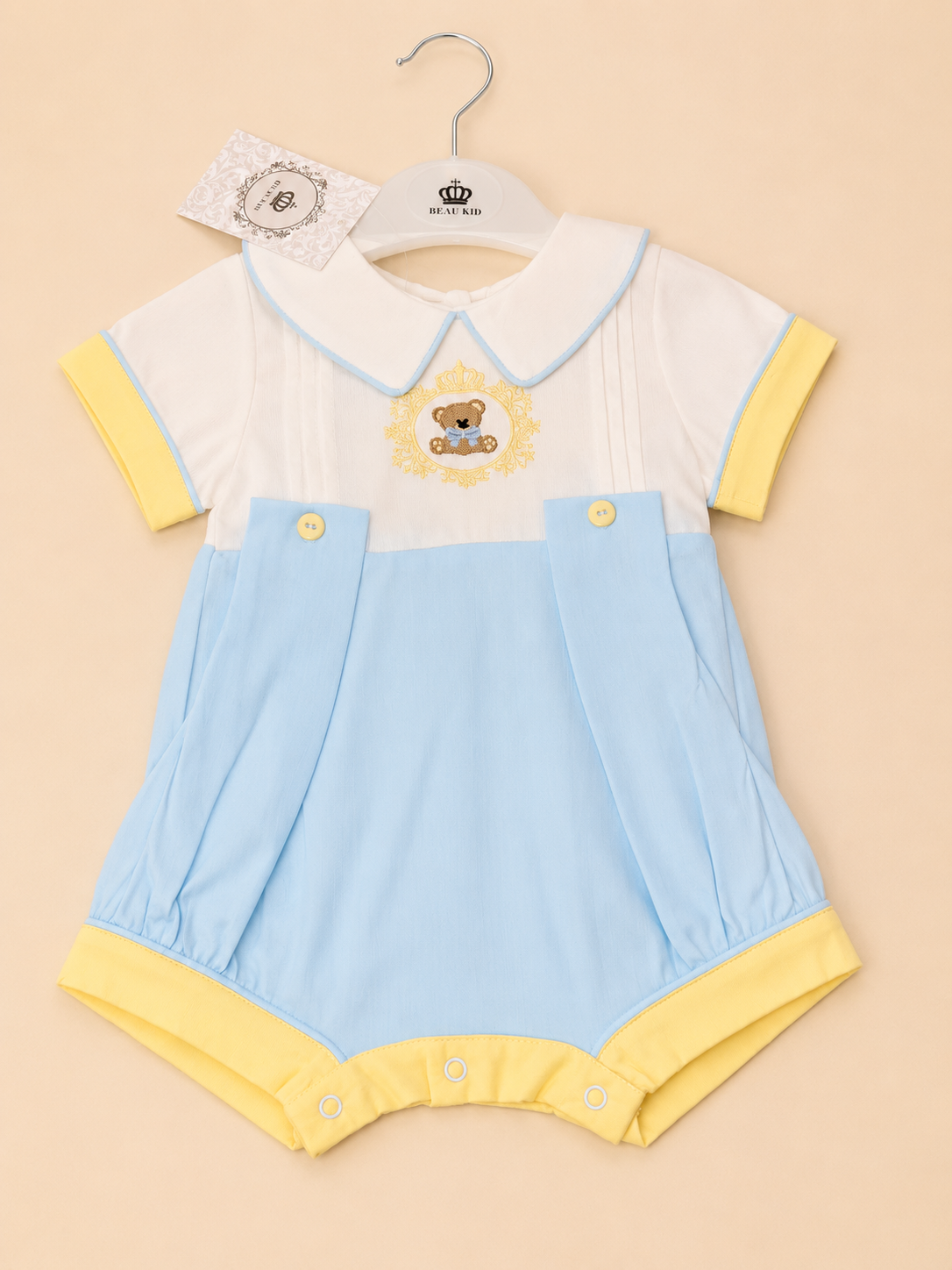 Blue & Lemon Teddy Embroidered Romper