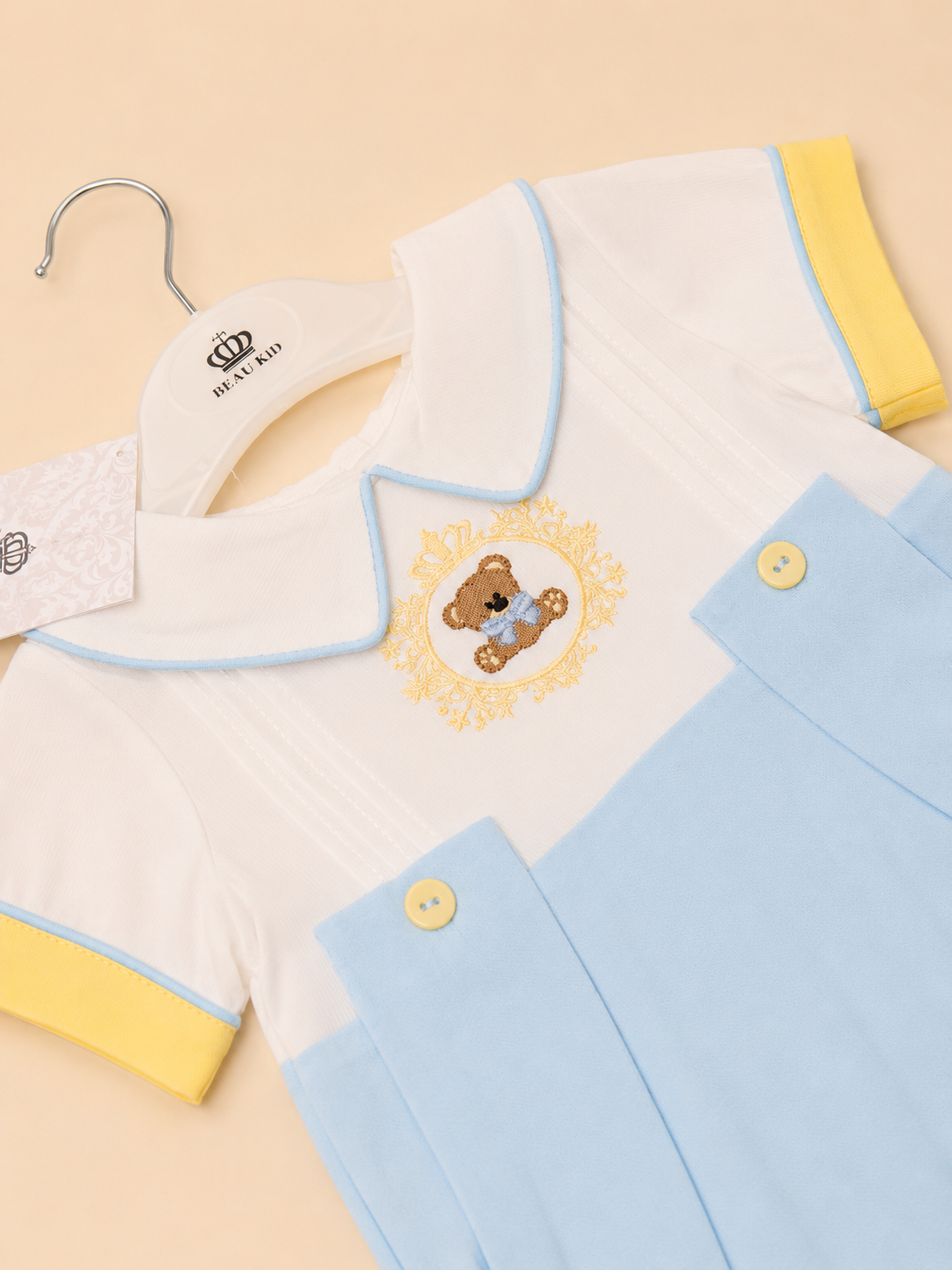 Blue & Lemon Teddy Embroidered Romper